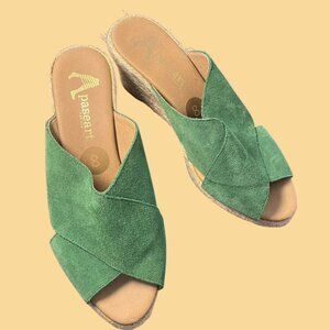 Paseart Green Suede Espadrille Wedge Sandals Women’s Size 8